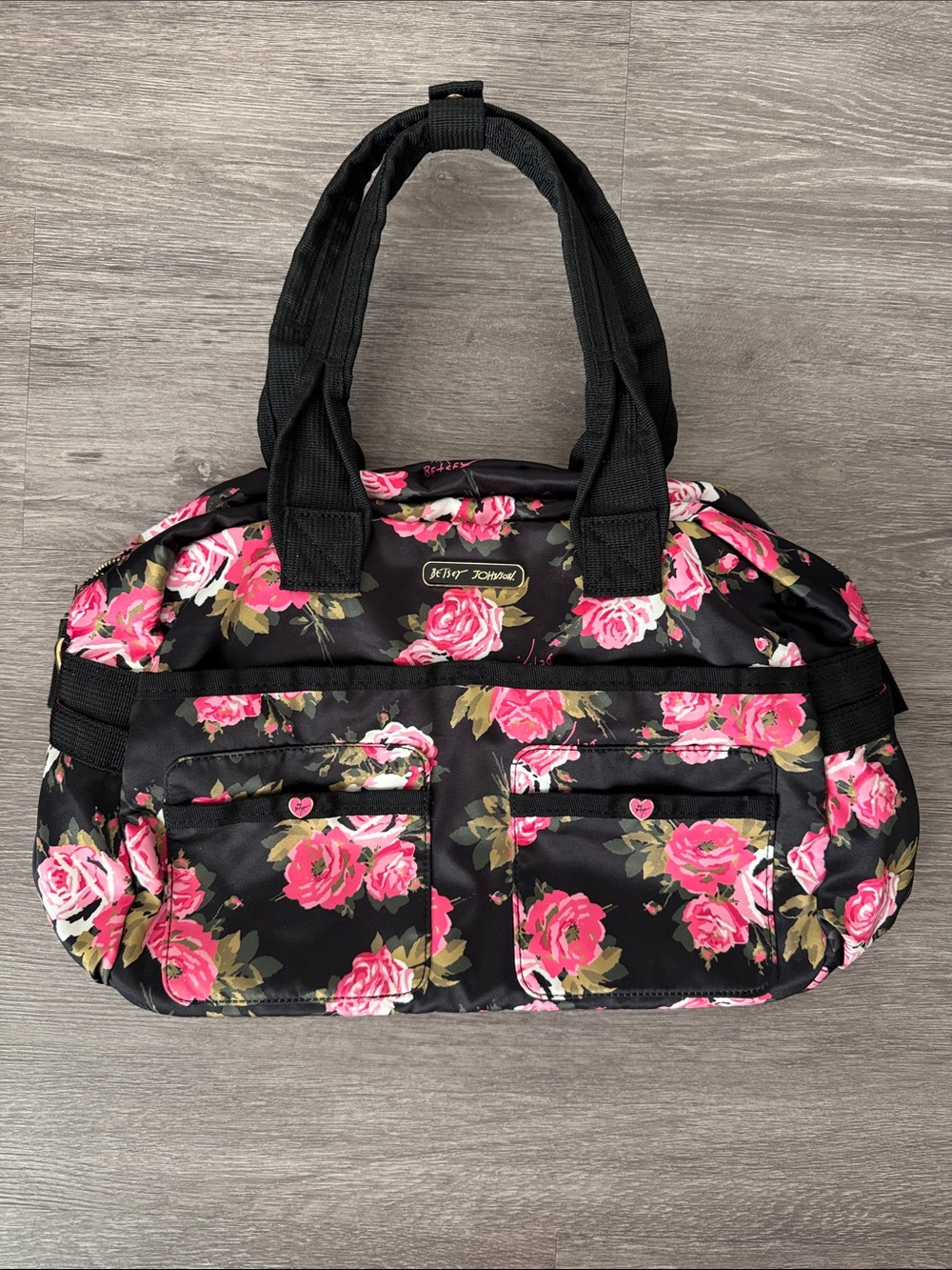 Betsey Johnson Black Tote with Pink Rose Print